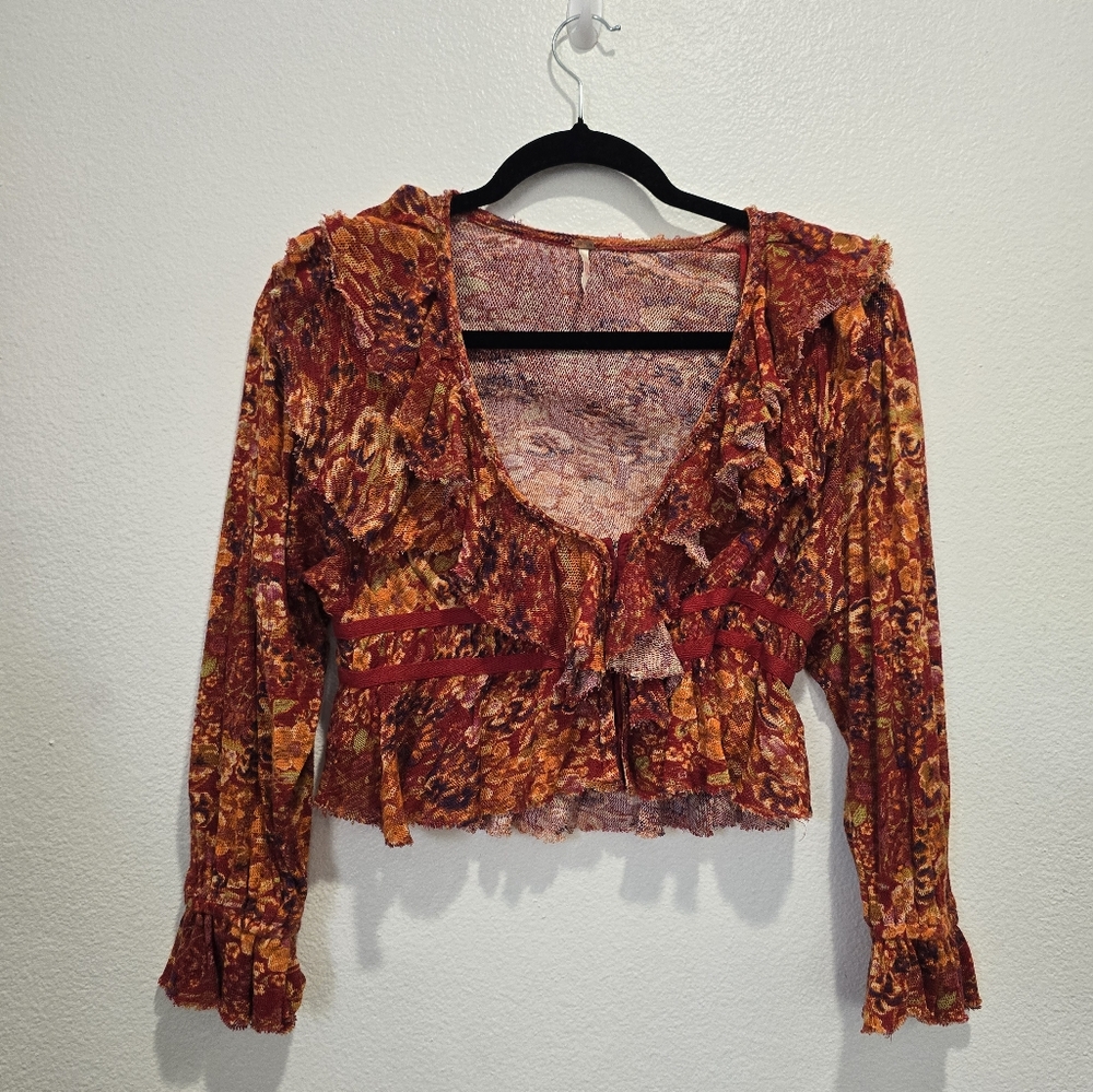 Urban Outfitters Rust Floral Ruffled Long-Sleeve Blouse